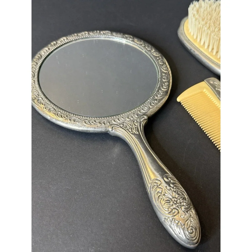 Vintage Vanity Set of 3 Repousse Floral Silver Tone Mirror, Brush & Comb EUC